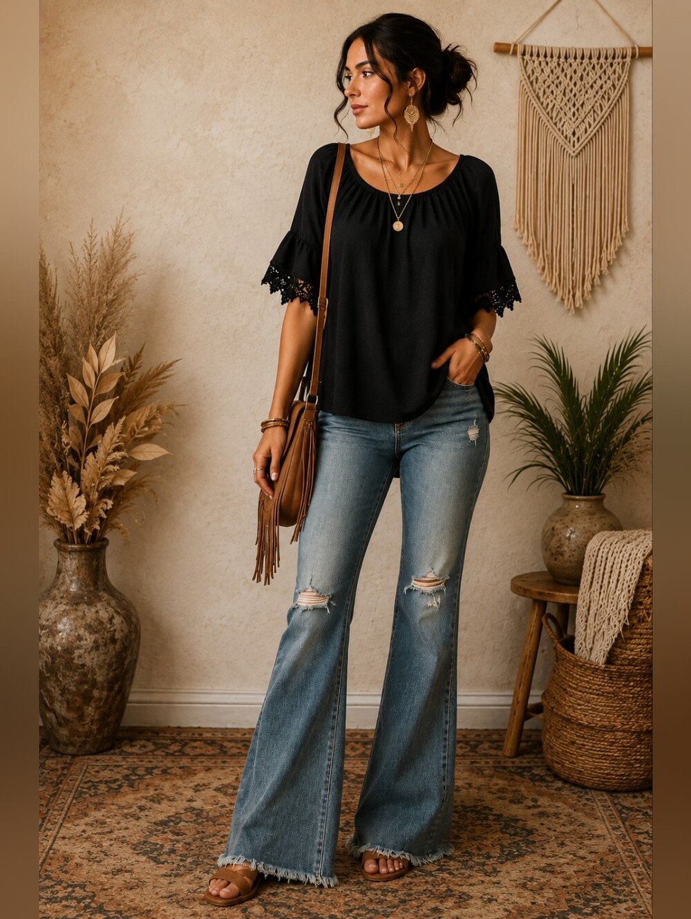 Black Crochet-Trim Sleeve Blouse | Boho Chic Feminine Top